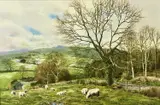 Farm and mountains beyond by Tony Wooding, oil on canvas, sold Mar 2024