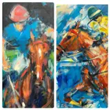 oils and acrylics on canvas (2), polo players on by Alasdair Banks, oil, offered Mar 2024