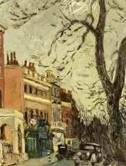 Cars in foreground by George Hann, oil on board, sold Feb 2024
