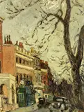 Cars in foreground by George Hann, oil on board, sold Feb 2024