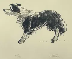 Print - an alert standing sheep dog by Kyffin Williams Ra limited edition, print, sold Feb 2024