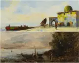 (20TH C.) oil on board - felucas by jetty and Arabic building, signed, 28 x by Raymond Witcher, 1807, oil on board, sold Jan 2024
