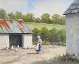 oil on board - Feeding Chickens, signed, 19 x 24cms Provenance: private collection by Liam Reilly, oil on board, offered Jan 2024