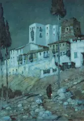 RBA (1873-1942) watercolour - figure with lantern outside Spanish walled by Albert Moulton Foweraker, watercolour, sold Jan 2024