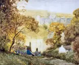 RA, RI, PRBA (1849-1913) watercolour - The East Cliff, Chepstow, with the castle in by Alfred East, watercolour, offered Jan 2024