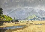Borth y Gest Beach, 1980 Channel by Keith Gardner, oil on board, sold Dec 2023