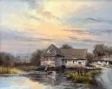 Figure in punt in foreground by Richard Telford, oil on canvas, sold Dec 2023