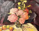 Peonies in a glass bowl by Phillipa Jacobs, 2000, oil on canvas, sold Dec 2023