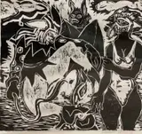 Whip Snake by John Lyons, woodcut, sold Dec 2023