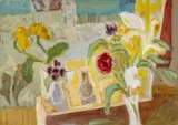 oil on canvas - View From Window, still life of flowers and jugs, signed, titled by Judith Rosenthal, oil on canvas, sold Dec 2023