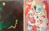 Both by Rose Feller, 2024, mixed media on canvas, sold Jul 2024