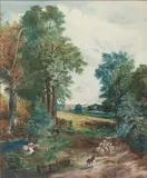 Sheep droving on a country lane watercolour by W. John Taylor, watercolour, sold Jul 2024
