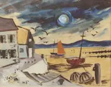 Boats and lobster pots on the sands by Victor Young, gouache on card, sold Jul 2024