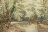 Tranquil summer river landscape by Thomas Davis, watercolour, sold Jul 2024
