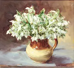 Snowdrops in a stoneware jug by Anne Cotterill, oil on board, sold Jun 2024