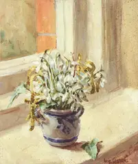 Snowdrops and catkins in a blue and white jar on a sunlit by Anne Cotterill, oil on board, sold Jun 2024