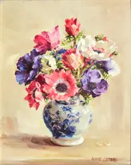 Anenomes in a blue and white vase by Anne Cotterill, oil on board, sold Jun 2024