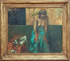 Woman in a turquoise skirt by William Thomson, oil on board, sold Jun 2024
