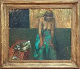 Woman in a turquoise skirt by William Thomson, oil on board, sold Jun 2024
