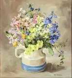 Spring flowers in a jug oil on board by Anne Cotterill, oil on board, sold Jun 2024