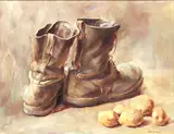 Work boots and potatoes oil on board by Anne Cotterill, oil on board, sold Jun 2024