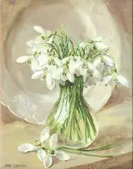 Snowdrops in a glass vase by Anne Cotterill, oil on board, sold Jun 2024