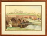 Kern Bridge, Goodrich, Herefordshire watercolour, attributed and titled to label verso, dated 1952 13 x 18¾in (33 x 47.5cm), oak frame (49 x 63.5cm) by Mary Edith Wrigley, 1952, watercolour, offered Jun 2024