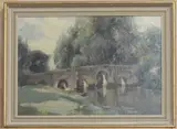 A stone bridge oil on canvas laid onto board by Robert T. Mumford, oil on canvas, sold May 2024