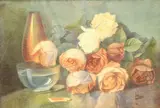 Still life of roses, a vase and bowl on a table watercolour, heightened with gum Arabic by André Wargoutz, watercolour, sold May 2024