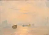 Boats on a misty estuary at dusk by Derek L. Rogers, oil on canvas, sold May 2024