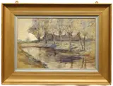 River landscape with farm buildings and pollarded by Ernest R. Fox Nea, 1909, watercolour, sold May 2024