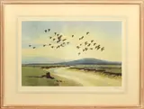 Barnacle geese at Caer Laverock by Peter Scott, lithograph, sold May 2024