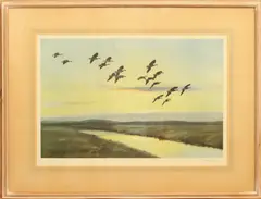 Geese at Morning Flight by Peter Scott, lithograph, sold May 2024