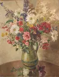 Still life of garden flowers in a green glazed jug by John Gilroy, oil on canvas, sold Apr 2024