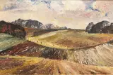 View across fields to a distant village by Fyffe Christie, oil on board, sold Apr 2024