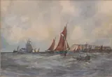 Shipping off the coast in choppy seas by Aubrey Ramus, watercolour, sold Apr 2024