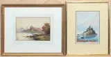 Cattle on the water's edge at dusk by J. Muir, watercolour, offered Mar 2024