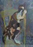 Tabby cat seated on a chair by Bernard B Carolan da Edin., oil on board, sold Feb 2024