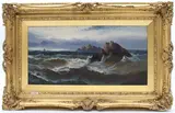 Rocks off the coast in stormy seas by Charles W. Oswald, oil on canvas, sold Feb 2024