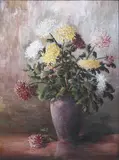 Still life of dahlias in a vase by W. Rischoff, oil on canvas, sold Feb 2024