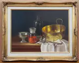 Still life of a brass vase by András Gombár, oil on board, offered Feb 2024