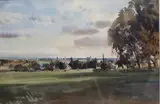 Open landscape with distant village by John Barrie Hastie, watercolour, sold Feb 2024