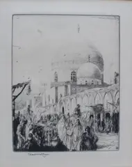 Busy street with a mosque above etching by Charles William Cain, etching, sold Feb 2024