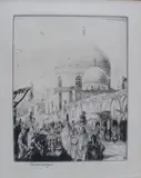 Busy street with a mosque above etching by Charles William Cain, etching, sold Feb 2024