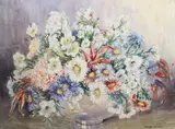 Still life of plox and Japanese anemones in a vase by Marion Broom, watercolour, sold Jan 2024