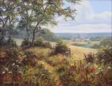 View from a path across a summer landscape by Terence Grundy, oil on canvas, sold Jan 2024