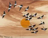 Geese in flight at sunset by Hugh Brandon Cox, watercolour and bodycolour, sold Dec 2023