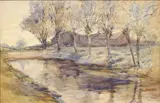 River landscape with farm buildings and pollarded by Ernest R. Fox Nea, 1909, watercolour, sold Dec 2023