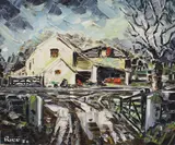 Somerset Farm House by Brian Rice, oil on board, sold Nov 2023