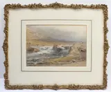 Cattle drovers in a Highland river landscape by George Arthur Fripp, watercolour, sold Nov 2023